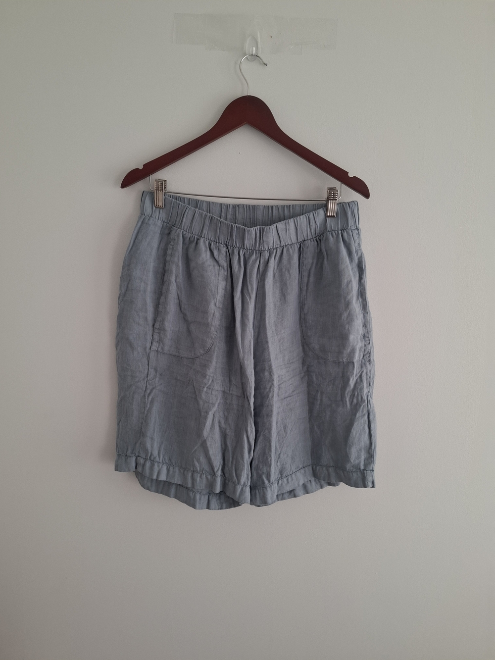 Flax Soft Blue Linen Elastic-Waist Bermuda Shorts SZ M